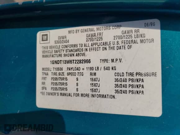 1996 Chevrolet Blazer z VIN 1GNDT13W6T2282966, wystawiony jako Copart lot #60237264 z przebiegiem 192 168 mil mil oraz Szkoda całkowita • Salvage title. Historia ofert i sprzedaży dostępna na DreamBid. Obrazek 13.
