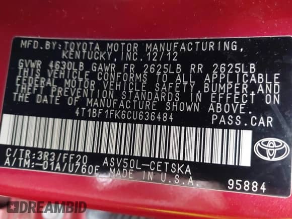 2012 Toyota Camry LE с VIN 4T1BF1FK6CU636484, выставлен на аукционе IAAI как лот 43546587 с пробегом 59 740 миль миль и . История ставок и продаж доступна на DreamBid. Изображение 9.