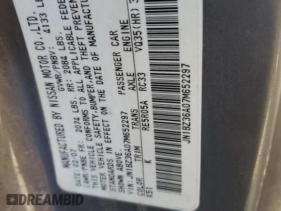 ✅ 2007 Nissan 350Z Touring • VIN: JN1BZ36A07M652297 • Lot: 69073074. Wystawiony na Copart z przebiegiem 112 136 mil. Bezpłatny archiwum sprzedaży aukcyjnych z USA i szczegółowy raport historii pojazdu na DreamBid. Zdjęcie 12.