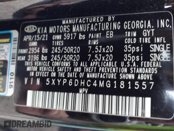 ✅ 2021 Kia Telluride S • VIN: 5XYP6DHC4MG181557 • Lot: 42998604. Listed on IAAI with 54,773 mi. Free auction sales archive from the USA and detailed vehicle history report at DreamBid. Image 9.