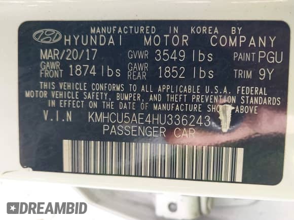 2017 Hyundai Accent Sport with VIN KMHCU5AE4HU336243, listed as a IAAI auction lot 42071434 with 89,345 mi miles and . Bid and sale history available at DreamBid. Image 9.