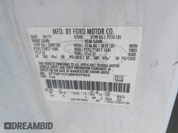 ✅ 2011 Ford F-150 XL • VIN: 1FTNF1CF2BKE07822 • Лот: 42463266. Опубликован ранее на IAAI с пробегом 236 051 миль. Бесплатный доступ к архиву аукционных продаж из США и подробный отчёт об истории автомобиля на DreamBid. Изображение 9.