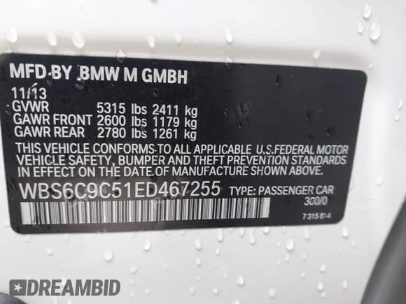 ✅ 2014 BMW M6 • VIN: WBS6C9C51ED467255 • Lot: 42473434. Listed on IAAI with 68,480 mi. Free auction sales archive from the USA and detailed vehicle history report at DreamBid. Image 9.