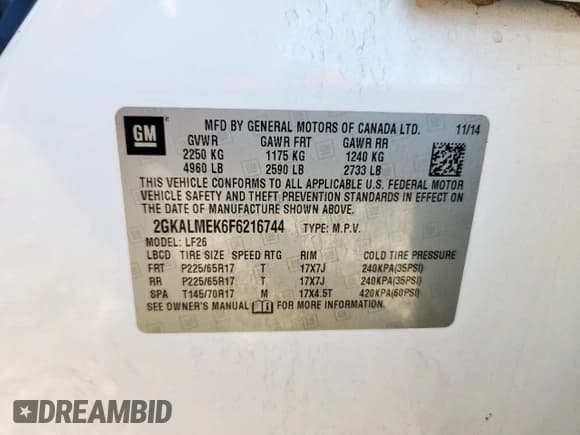 ✅ 2015 GMC Terrain SLE • VIN: 2GKALMEK6F6216744 • Lot: 90654375. Listed on Copart with 107,537 mi. Free auction sales archive from the USA and detailed vehicle history report at DreamBid. Image 13.