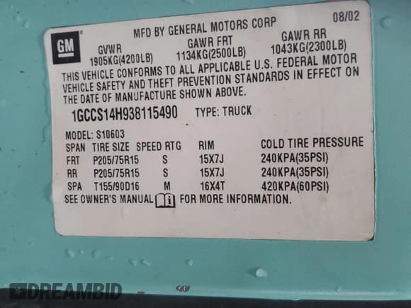 ✅ 2003 Chevrolet S-10 LS • VIN: 1GCCS14H938115490 • Lot: 41763635. Listed on Copart with 253,284 mi. Free auction sales archive from the USA and detailed vehicle history report at DreamBid. Image 12.