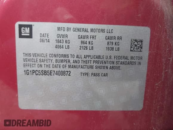 ✅ 2014 Chevrolet Cruze 1LT • VIN: 1G1PC5SB5E7400872 • Лот: 43559228. Опубликован ранее на IAAI с пробегом 107 013 миль. Бесплатный доступ к архиву аукционных продаж из США и подробный отчёт об истории автомобиля на DreamBid. Изображение 9.