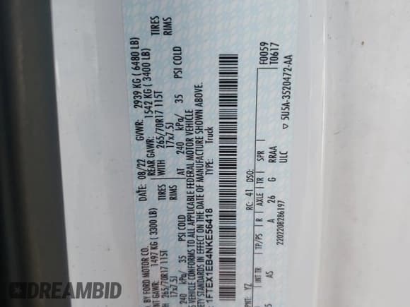 ✅ 2022 Ford F-150 XL • VIN: 1FTEX1EB4NKE56418 • Lot: 46791285. Listed on Copart with 36,764 mi. Free auction sales archive from the USA and detailed vehicle history report at DreamBid. Image 13.