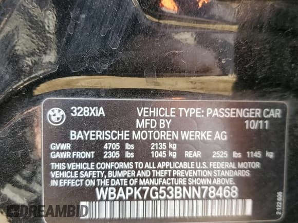 ✅ 2011 BMW 3 Series 328i xDrive • VIN: WBAPK7G53BNN78468 • Лот: 92660965. Опубликован ранее на Copart с пробегом 115 918 миль. Бесплатный доступ к архиву аукционных продаж из США и подробный отчёт об истории автомобиля на DreamBid. Изображение 12.