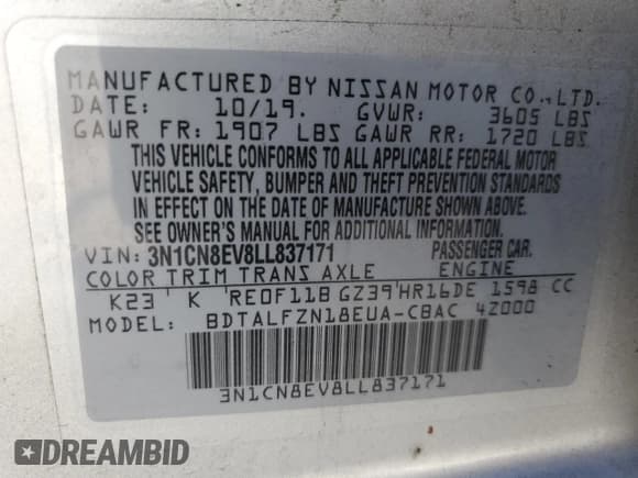 ✅ 2020 Nissan Versa SV • VIN: 3N1CN8EV8LL837171 • Лот: 81074425. Опубликован ранее на Copart с пробегом 126 756 миль. Бесплатный доступ к архиву аукционных продаж из США и подробный отчёт об истории автомобиля на DreamBid. Изображение 12.
