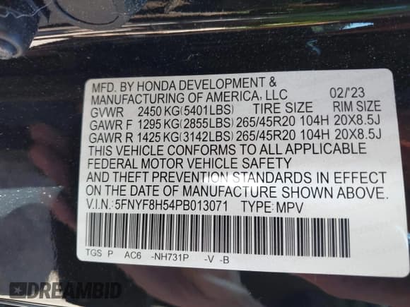 ✅ 2023 Honda Passport EX-L • VIN: 5FNYF8H54PB013071 • Lot: 43246503. Listed on IAAI with 35,120 mi. Free auction sales archive from the USA and detailed vehicle history report at DreamBid. Image 9.