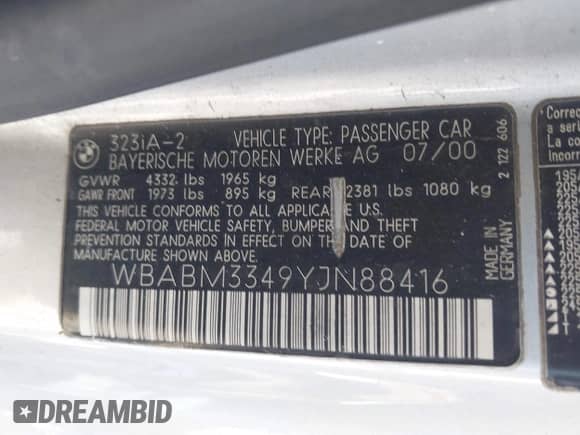 2000 BMW 3 Series 323Ci с VIN WBABM3349YJN88416, выставлен на аукционе IAAI как лот 42137407 с пробегом 228 922 миль миль и . История ставок и продаж доступна на DreamBid. Изображение 9.