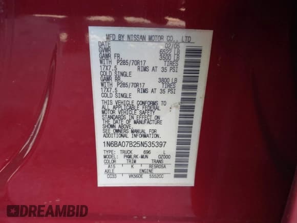 ✅ 2005 Nissan Titan LE • VIN: 1N6BA07B25N535397 • Lot: 42669705. Listed on IAAI with 248,854 mi. Free auction sales archive from the USA and detailed vehicle history report at DreamBid. Image 9.