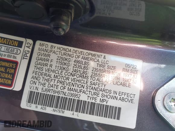 ✅ 2022 Honda CR-V Touring • VIN: 5J6RT6H97NL036952 • Lot: 43475508. Listed on IAAI with 45,472 mi. Free auction sales archive from the USA and detailed vehicle history report at DreamBid. Image 9.