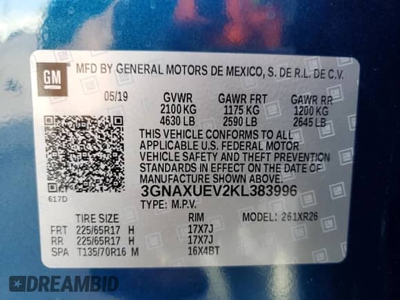 2019 Chevrolet Equinox LT with VIN 3GNAXUEV2KL383996, listed as a Copart auction lot 66560395 with 72,633 mi miles and Salvage title. Bid and sale history available at DreamBid. Image 13.