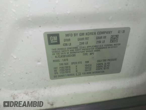 ✅ 2020 Chevrolet Trax LS • VIN: KL7CJKSB1LB324309 • Lot: 43524899. Listed on IAAI with 71,767 mi. Free auction sales archive from the USA and detailed vehicle history report at DreamBid. Image 9.