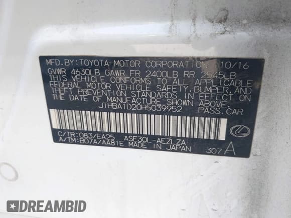 ✅ 2017 Lexus IS 200t • VIN: JTHBA1D20H5039952 • Lot: 41765510. Listed on IAAI with 95,398 mi. Free auction sales archive from the USA and detailed vehicle history report at DreamBid. Image 9.