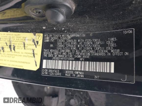 2007 Toyota Highlander с VIN JTEGD21A970159899, выставлен на аукционе IAAI как лот 42459378 с пробегом Не указан миль и . История ставок и продаж доступна на DreamBid. Изображение 9.