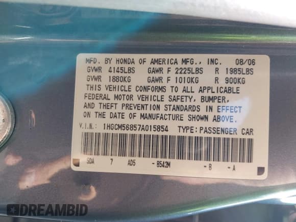 ✅ 2007 Honda Accord EX-L • VIN: 1HGCM56857A015854 • Lot: 43690786. Listed on IAAI with 83,754 mi. Free auction sales archive from the USA and detailed vehicle history report at DreamBid. Image 9.