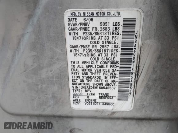 ✅ 2006 Nissan Murano SE • VIN: JN8AZ08W16W548537 • Lot: 43608366. Listed on IAAI with 181,140 mi. Free auction sales archive from the USA and detailed vehicle history report at DreamBid. Image 9.