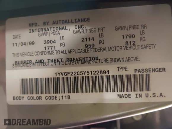 ✅ 2000 Mazda 626 LX • VIN: 1YVGF22C5Y5122894 • Lot: 42183386. Listed on IAAI with 154,888 mi. Free auction sales archive from the USA and detailed vehicle history report at DreamBid. Image 9.