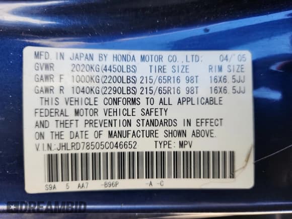 ✅ 2005 Honda CR-V LX • VIN: JHLRD78505C046652 • Lot: 82003555. Wystawiony na Copart z przebiegiem 253 179 mil. Bezpłatny archiwum sprzedaży aukcyjnych z USA i szczegółowy raport historii pojazdu na DreamBid. Zdjęcie 13.