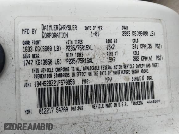 ✅ 2001 Dodge Durango • VIN: 1B4HS28Z21F570959 • Lot: 43698509. Listed on IAAI with 185,043 mi. Free auction sales archive from the USA and detailed vehicle history report at DreamBid. Image 9.
