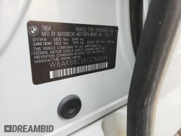 ✅ 2012 BMW 7 Series 750Li • VIN: WBAKB8C55CC963498 • Lot: 82487495. Wystawiony na Copart z przebiegiem Nie podano. Bezpłatny archiwum sprzedaży aukcyjnych z USA i szczegółowy raport historii pojazdu na DreamBid. Zdjęcie 12.