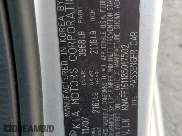 ✅ 2008 Kia Spectra • VIN: KNAFE161185017502 • Lot: 55814855. Wystawiony na Copart z przebiegiem 170 938 mil. Bezpłatny archiwum sprzedaży aukcyjnych z USA i szczegółowy raport historii pojazdu na DreamBid. Zdjęcie 12.