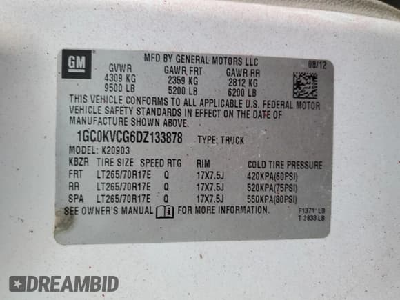 ✅ 2013 Chevrolet Silverado 2500HD Work Truck • VIN: 1GC0KVCG6DZ133878 • Lot: 41543575. Listed on Copart with 84,775 mi. Free auction sales archive from the USA and detailed vehicle history report at DreamBid. Image 12.