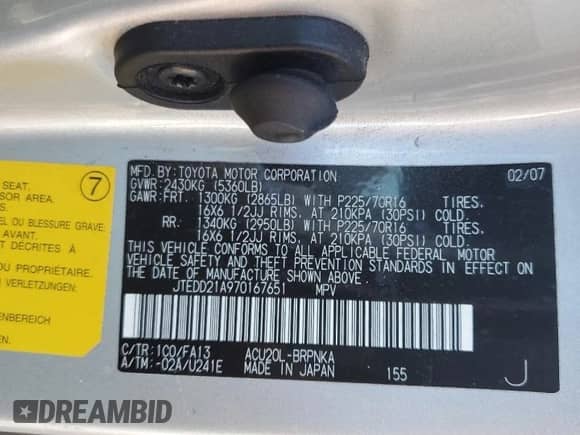 2007 Toyota Highlander w/3rd Row with VIN JTEDD21A970167651, listed as a Copart auction lot 51967075 with 240,094 mi miles and Salvage title. Bid and sale history available at DreamBid. Image 13.