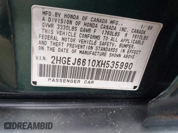 ✅ 1999 Honda Civic VP • VIN: 2HGEJ6610XH535990 • Lot: 42697580. Listed on IAAI with 134,827 mi. Free auction sales archive from the USA and detailed vehicle history report at DreamBid. Image 9.