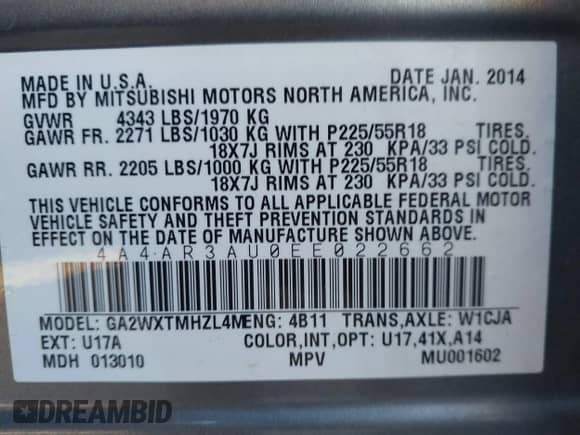 2014 Mitsubishi Outlander ES z VIN 4A4AR3AU0EE022662, wystawiony jako IAAI lot #43609130 z przebiegiem 150 486 mil mil oraz . Historia ofert i sprzedaży dostępna na DreamBid. Obrazek 9.