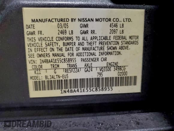 ✅ 2005 Nissan Maxima SL • VIN: 1N4BA41E55C858955 • Lot: 94878995. Listed on Copart with 152,759 mi. Free auction sales archive from the USA and detailed vehicle history report at DreamBid. Image 12.