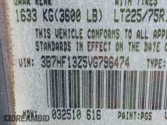 ✅ 1997 Dodge 1500 • VIN: 3B7HF13Z5VG796474 • Lot: 42685841. Listed on IAAI with 203,083 mi. Free auction sales archive from the USA and detailed vehicle history report at DreamBid. Image 9.