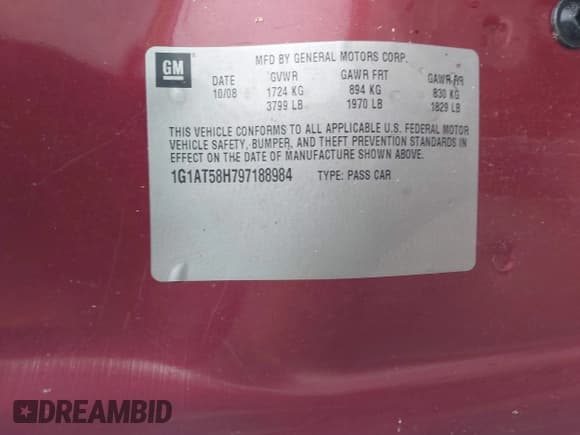 ✅ 2009 Chevrolet Cobalt 1LT • VIN: 1G1AT58H797188984 • Лот: 42379163. Опубликован ранее на IAAI с пробегом 162 903 миль. Бесплатный доступ к архиву аукционных продаж из США и подробный отчёт об истории автомобиля на DreamBid. Изображение 9.