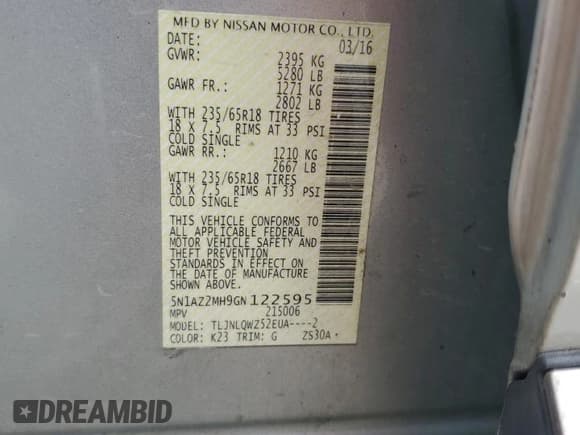 ✅ 2016 Nissan Murano S • VIN: 5N1AZ2MH9GN122595 • Lot: 86468795. Listed on Copart with 264,428 mi. Free auction sales archive from the USA and detailed vehicle history report at DreamBid. Image 13.