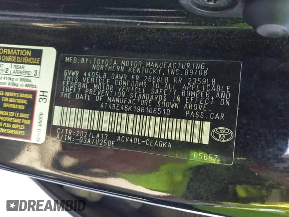 ✅ 2009 Toyota Camry LE • VIN: 4T4BE46K19R106510 • Lot: 43346764. Wystawiony na IAAI z przebiegiem 309 335 mil. Bezpłatny archiwum sprzedaży aukcyjnych z USA i szczegółowy raport historii pojazdu na DreamBid. Zdjęcie 9.