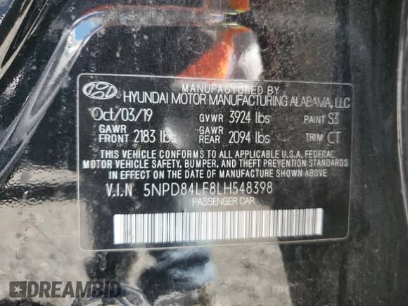 2020 Hyundai Elantra SEL with VIN 5NPD84LF8LH548398, listed as a Copart auction lot 80329355 with 46,372 mi miles and Salvage title. Bid and sale history available at DreamBid. Image 12.