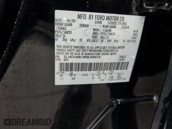 ✅ 2009 Lincoln MKX • VIN: 2LMDU68C99BJ09012 • Lot: 80257685. Listed on Copart with 162,491 mi. Free auction sales archive from the USA and detailed vehicle history report at DreamBid. Image 13.