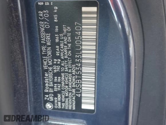 ✅ 2003 BMW Z4 3.0i • VIN: 4USBT53433LU05407 • Lot: 77457504. Listed on Copart with 134,905 mi. Free auction sales archive from the USA and detailed vehicle history report at DreamBid. Image 12.