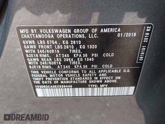 ✅ 2019 Volkswagen Atlas SE • VIN: 1V2DR2CA0KC539449 • Lot: 43430278. Listed on IAAI with 46,961 mi. Free auction sales archive from the USA and detailed vehicle history report at DreamBid. Image 9.