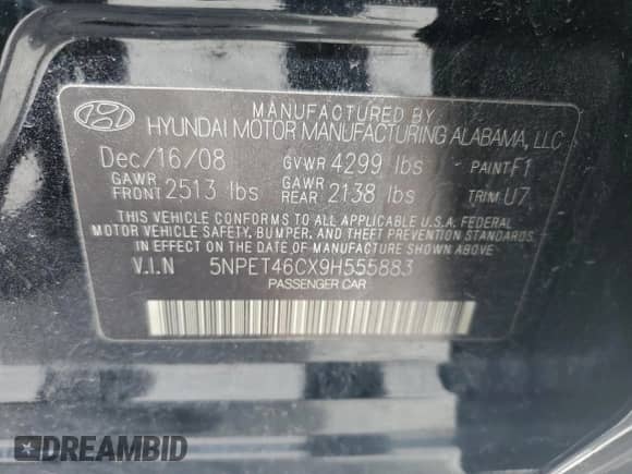 2009 Hyundai Sonata GLS z VIN 5NPET46CX9H555883, wystawiony jako Copart lot #68835344 z przebiegiem 196 440 mil mil oraz Szkoda całkowita • Salvage title. Historia ofert i sprzedaży dostępna na DreamBid. Obrazek 15.