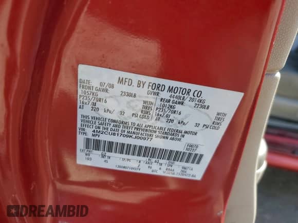 2009 Mercury Mariner с VIN 4M2CU81709KJ00977, выставлен на аукционе Copart как лот 48380815 с пробегом 198 941 миль миль и Списание • Salvage title. История ставок и продаж доступна на DreamBid. Изображение 13.