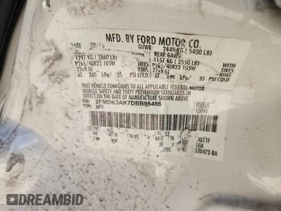 ✅ 2013 Ford Edge Sport • VIN: 2FMDK3AK7DBB86486 • Lot: 87226895. Wystawiony na Copart z przebiegiem 164 235 mil. Bezpłatny archiwum sprzedaży aukcyjnych z USA i szczegółowy raport historii pojazdu na DreamBid. Zdjęcie 13.