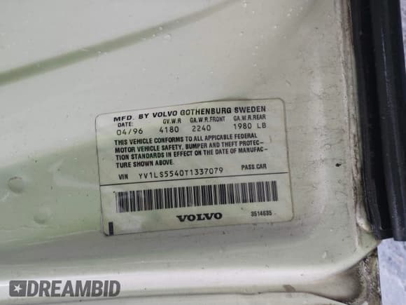 ✅ 1996 Volvo 850 Grand Lux • VIN: YV1LS5540T1337079 • Lot: 41495253. Listed on IAAI with 180,722 mi. Free auction sales archive from the USA and detailed vehicle history report at DreamBid. Image 9.