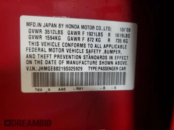 ✅ 2009 Honda Fit • VIN: JHMGE88219S025929 • Lot: 93420675. Listed on Copart with 182,658 mi. Free auction sales archive from the USA and detailed vehicle history report at DreamBid. Image 12.