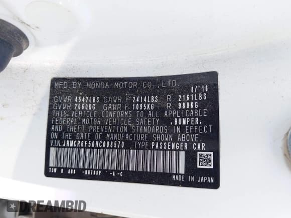 ✅ 2017 Honda Accord EX-L • VIN: JHMCR6F50HC008570 • Lot: 43246012. Listed on IAAI with 208,371 mi. Free auction sales archive from the USA and detailed vehicle history report at DreamBid. Image 9.