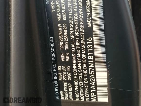 ✅ 2021 Porsche Macan • VIN: WP1AA2A57MLB11316 • Lot: 71252405. Listed on Copart with 27,837 mi. Free auction sales archive from the USA and detailed vehicle history report at DreamBid. Image 13.