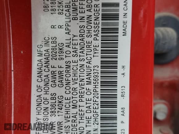 ✅ 2023 Honda Civic LX • VIN: 2HGFE2F20PH569373 • Lot: 69703695. Wystawiony na Copart z przebiegiem 51 620 mil. Bezpłatny archiwum sprzedaży aukcyjnych z USA i szczegółowy raport historii pojazdu na DreamBid. Zdjęcie 12.