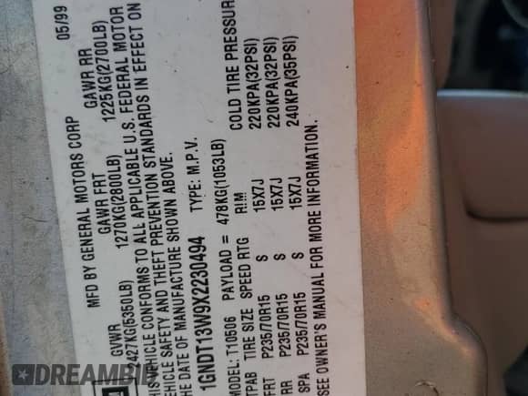 1999 Chevrolet Blazer LS z VIN 1GNDT13W9X2230494, wystawiony jako Copart lot #76086224 z przebiegiem Nie podano mil oraz Nie do naprawy • Non repairable. Historia ofert i sprzedaży dostępna na DreamBid. Obrazek 12.